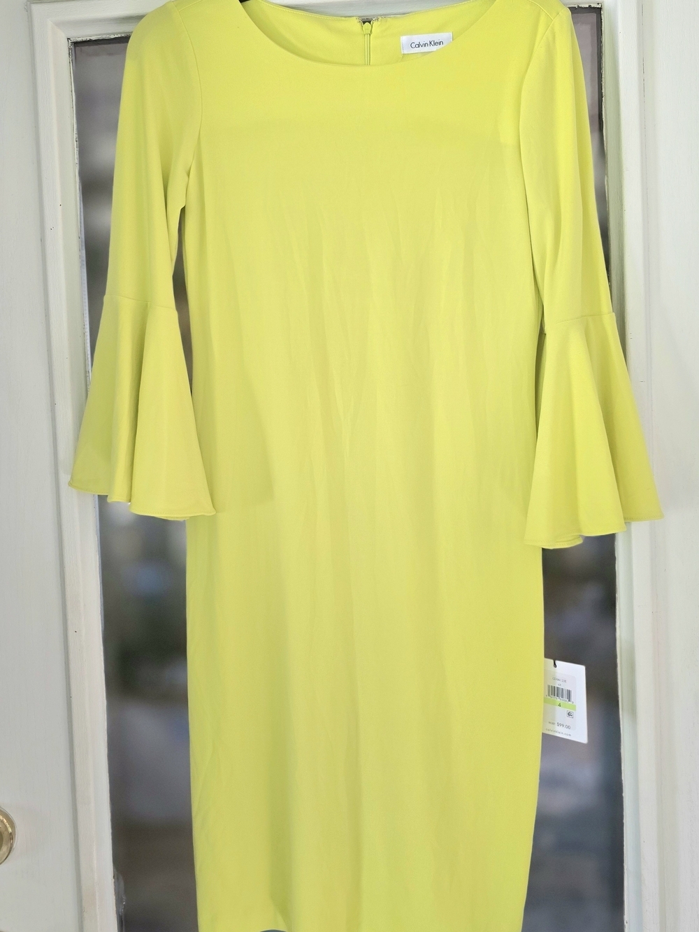 NWT Calvin Klein Neon Yellow/Green Bell-Sleeve Sheath Dress Sz 4